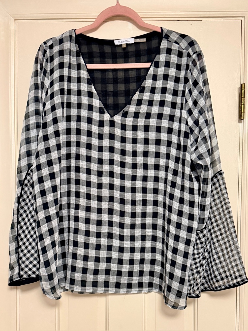 Calvin Klein Black White Gingham Plaid Bell Sleeve V-Neck Blouse Size XL